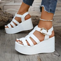 Femmes cheville boucle sandales à talons compensés été 2025 tendance plate-forme chaussures respirantes femmes rétro confortable antidérapant semelle souple sandales 2