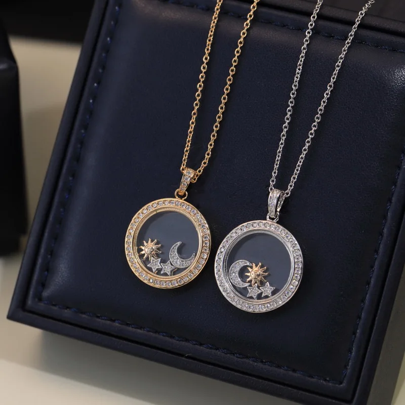 

Designer Collection Fashion Style Chain Necklace Women Lady Inlay Cubic Zircon Sun Moon Stars Plated Gold Color Round Pendant