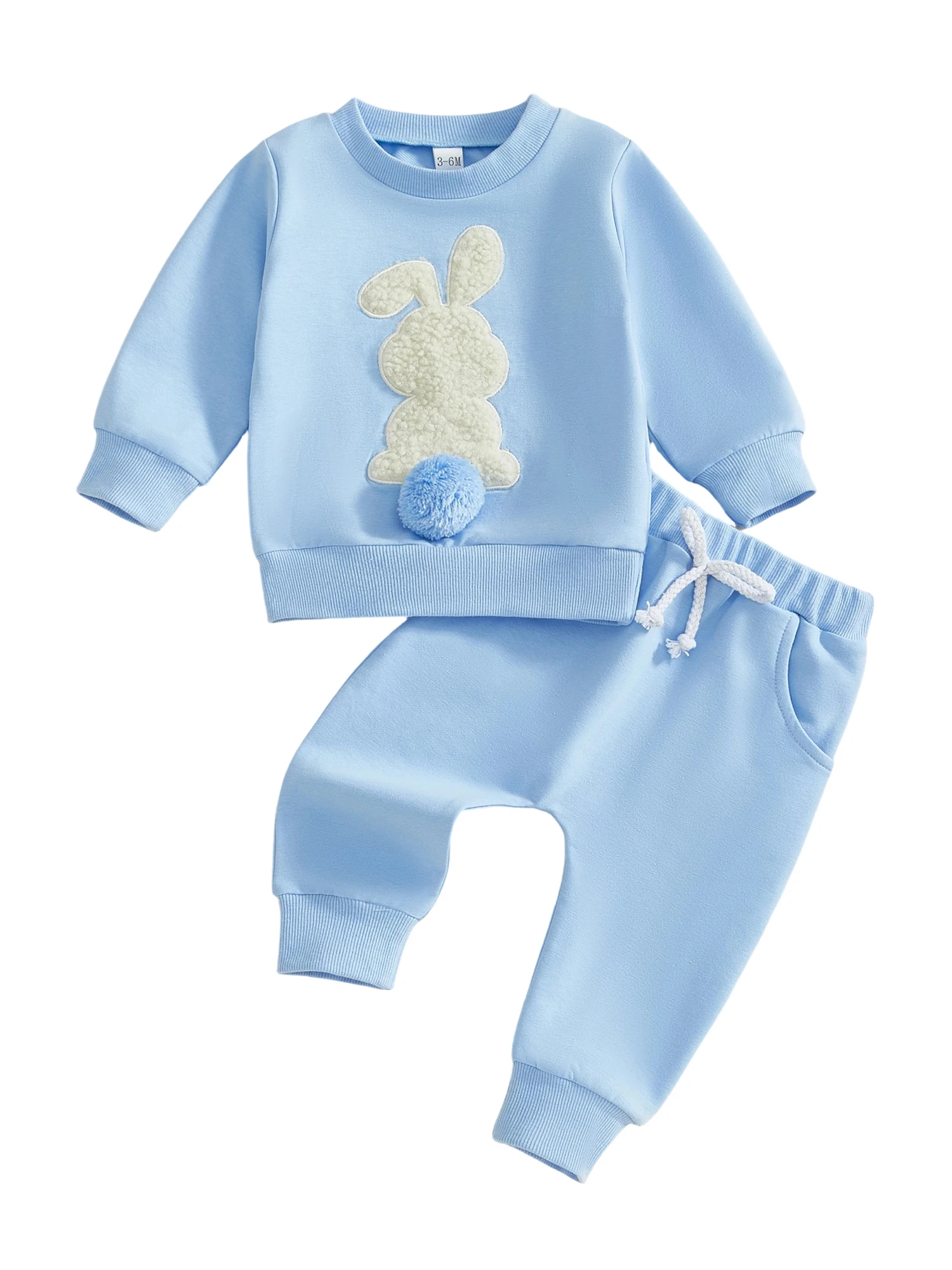 Adorable Baby Girl Boy Easter Outfit with Long Sleeve Crew Neck Bunny Embroidery Sweatshirt and Elastic Waist Pants Set for