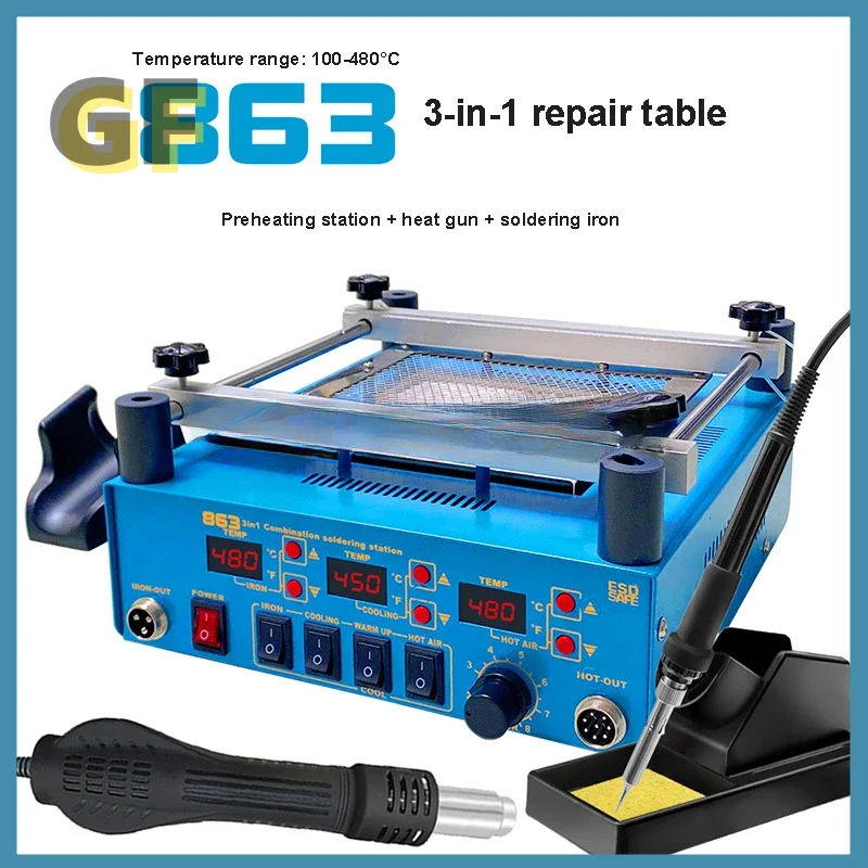 863 3 in 1 Digita Hot Air Heat Gun BGA Rework Solder Station Electric Soldering Iron IR Infrared Preheating Station