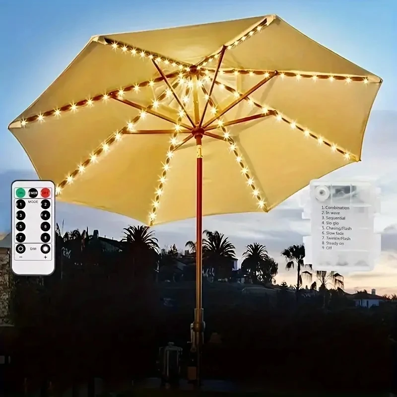 Patio Umbrella Lights 104 LED Outdoor Lighting With Remote Control 8 Mode Battery Operated Waterproof For Patio Courtyard Garden Decor