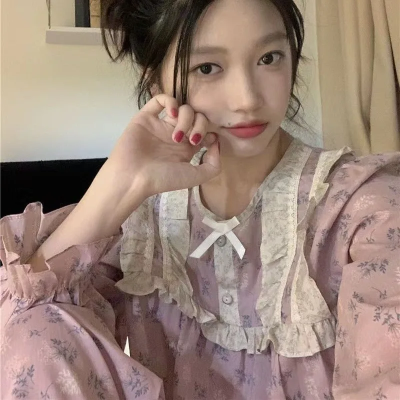 2024 New Spring Autumn Sleepwear Sweet Lace Retro Shivering Pajamas Women Loose Long Sleeved Pants Homewear Pullover Loungewear