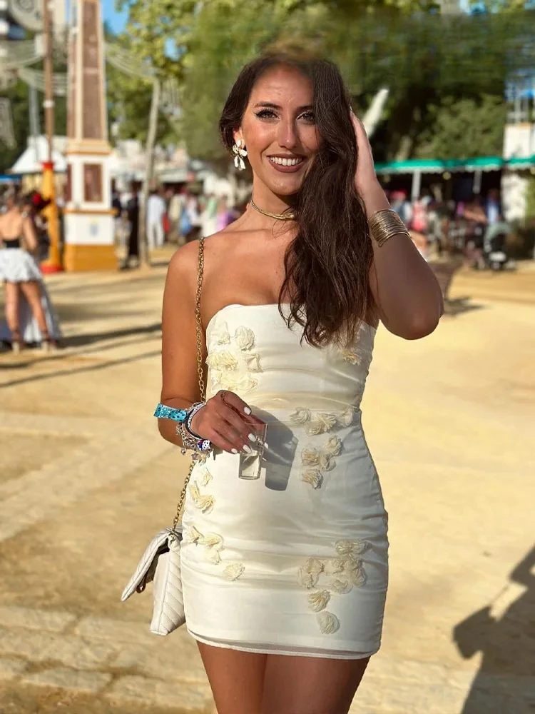 

ASDS Women Summer Folds 3D Flowers Decoration Sleeveless Dress Female Elegant Sexy Strapless Backless Slim Mini Dresses Mujer