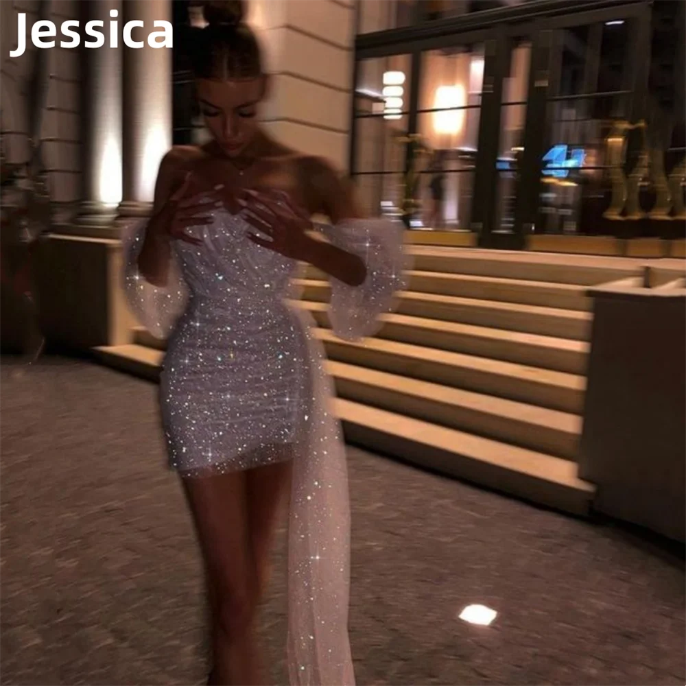 

Gorgeous Glitter Prom Dresses Mini Short Puff Sleeves Evening Dress Vestidos De Fiesta Sexy Off-the-shoulder Party Dresses