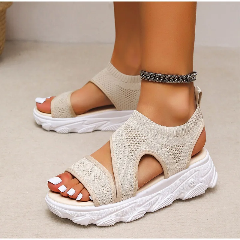 2022 New Summer Women Sandals Knitted Casual Sneakers Platform Thick Soled Woman Shoes Lace Up Sandal Fashion Solid Beach Shoes