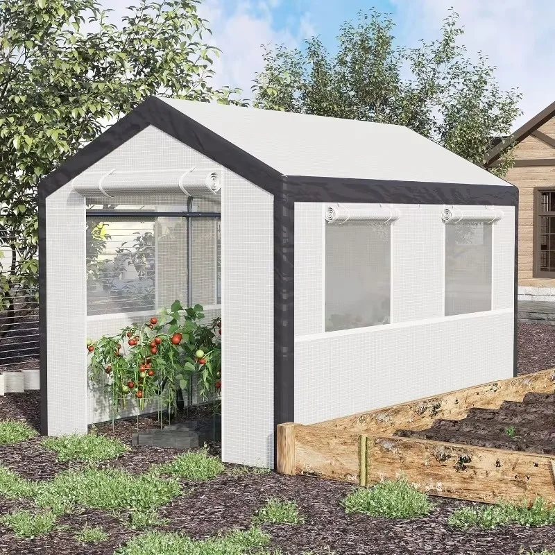 10' x 7' x 7' Greenhouse, Walk-in Outdoor Tunnel Green House with PE Cover, Steel Frame, 2 Roll-Up Zipper Doors & 4 Windows
