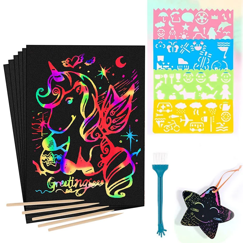 16/60Pcs Scratch Paper Kids Rainbow Magic Scratch Off Paper Sheets Art  Craft Kit Black Note Paper Drawing Pads with Stencils - AliExpress