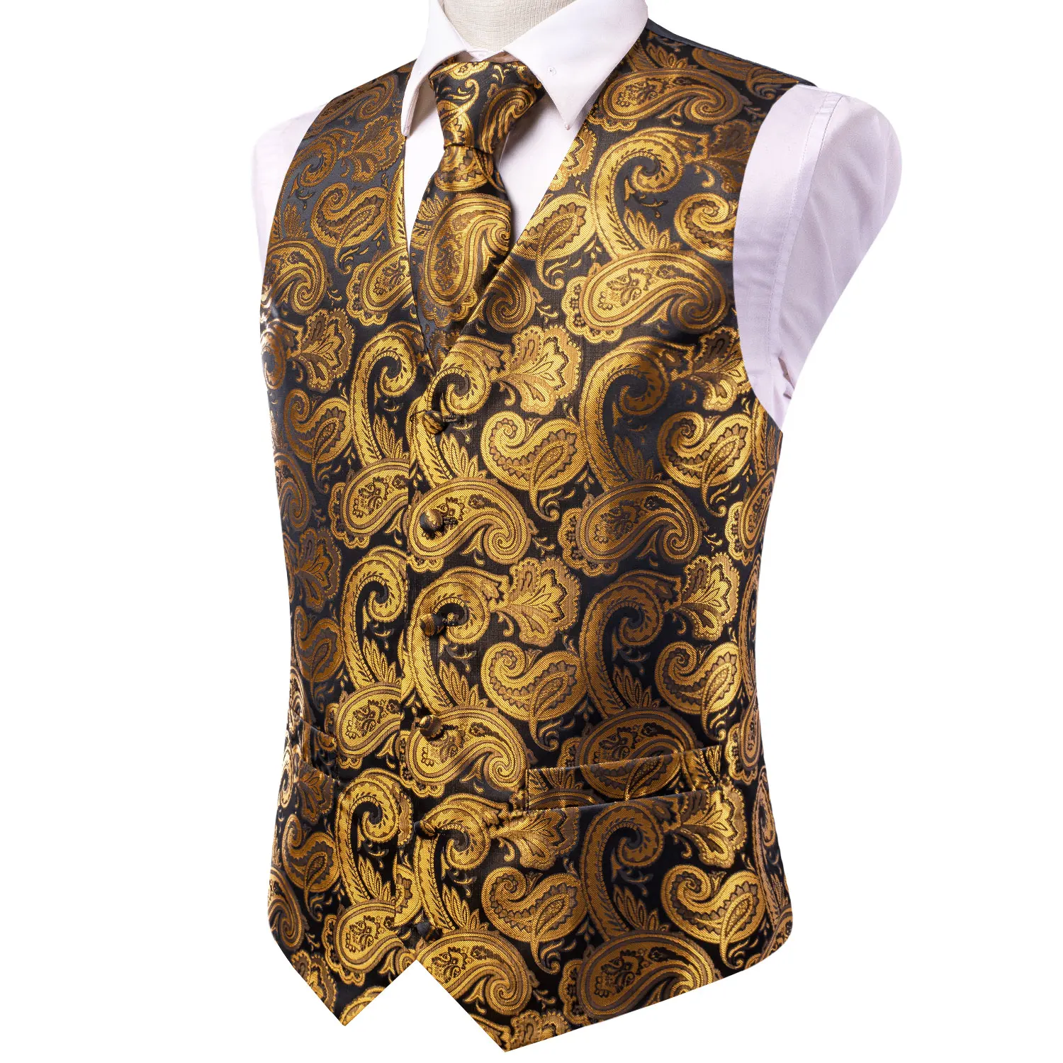 Hi-Tie Silk Mens Waistcoat Tie Set Gold Brown Orange Beige Ivory Khaki Bronze Sleeveless Jacket Suit Vest Necktie Hanky Cufflink 2