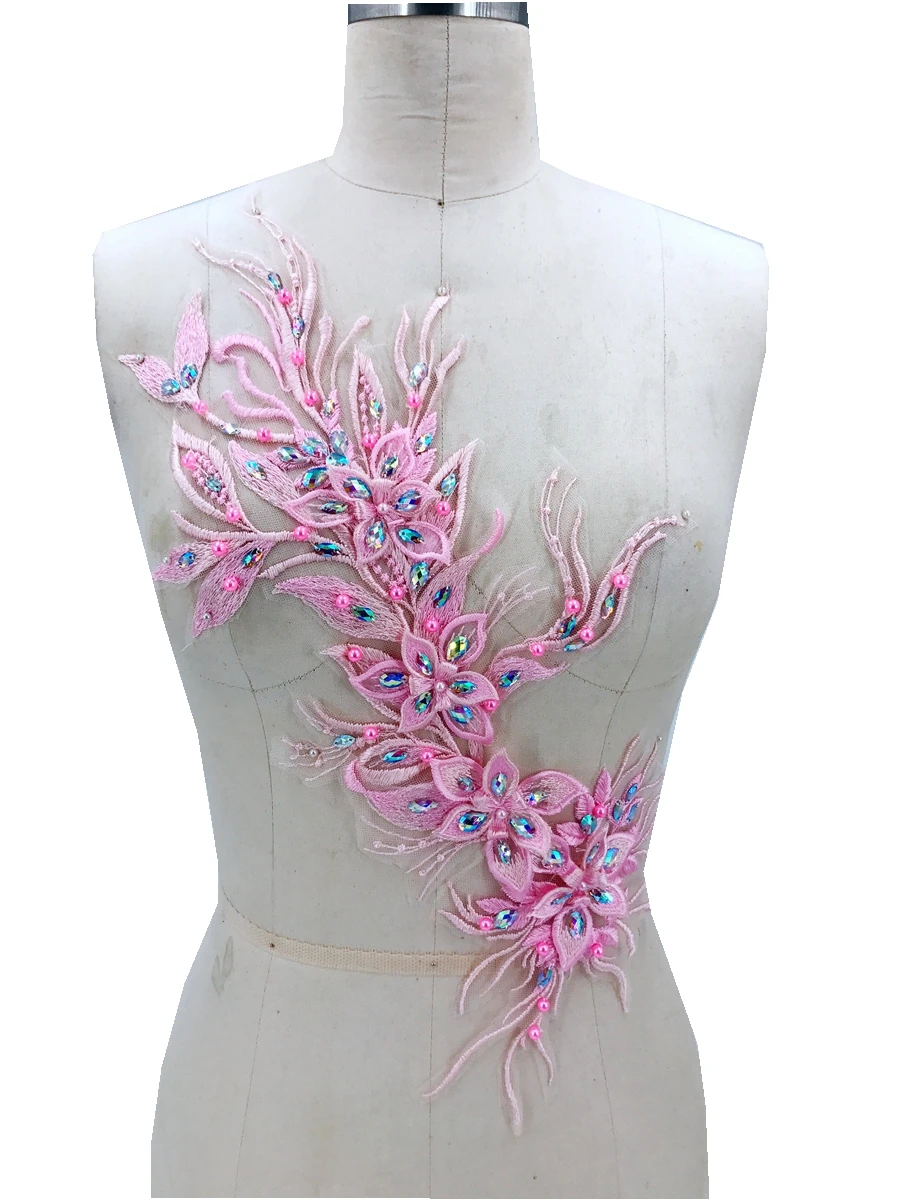 

Большая темно-розовая трехмерная Кружевная аппликация с бусинами для рукоделия обрезные нашивки 45*20 см для платья аксессуары