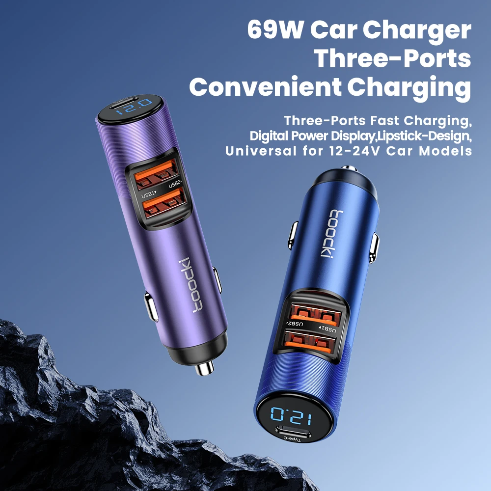 Toocki 69W Car Charger Digital Display 3 Port PD Fast Charing Type C Car Phone Charger for iPhone 14 13 Pro Max Samung Xiaomi car charger car phone charger phone charger