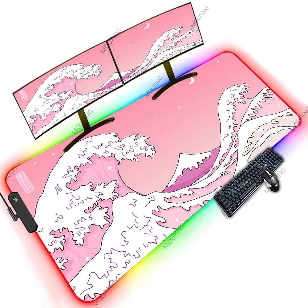 Enorme Mouse Pad com Luz de Fundo Almofada de Mesa Kawaii Rosa Grande Onda Japão Xxl Office Mat Mesa Completa Mousepad 1200x600 Play Mat 1000x500 - Imagem 4