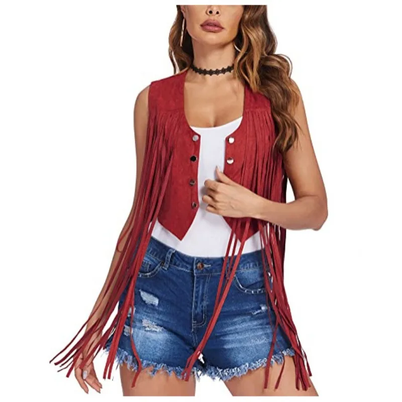 Vest Women Mid Length Tank Top Suede Frosted Tassel Fashion Vest