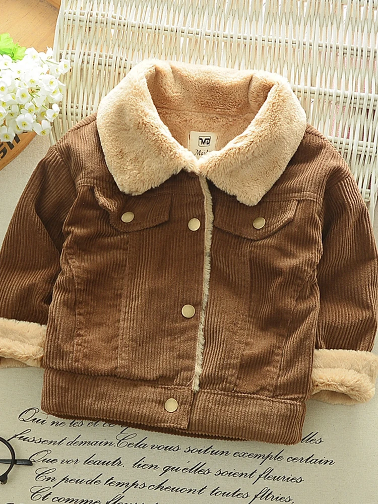 Corduroy Plush Jacket New Autumn/Winter Boys Girls Thickening Single Breasted Cotton Top Casual Fashion Warm Baby's Coat