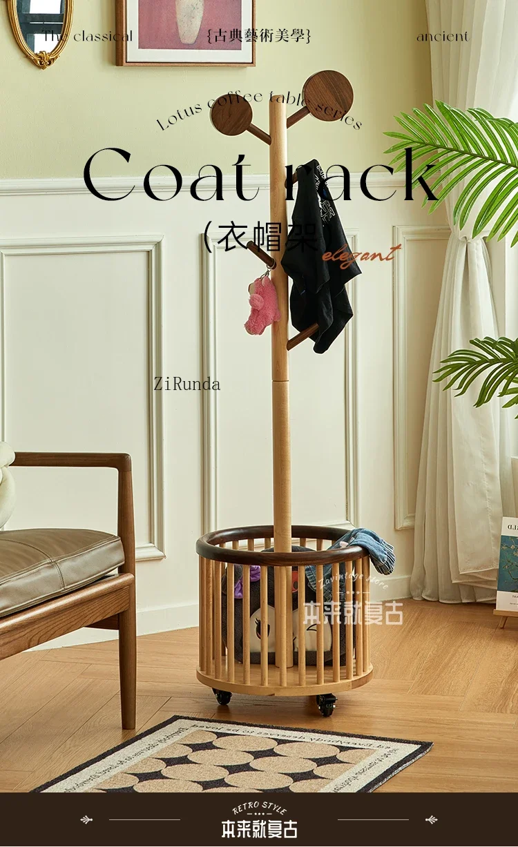 French retro solid wood children's coat rack floor-to-ceiling movable small apartment bedroom living room