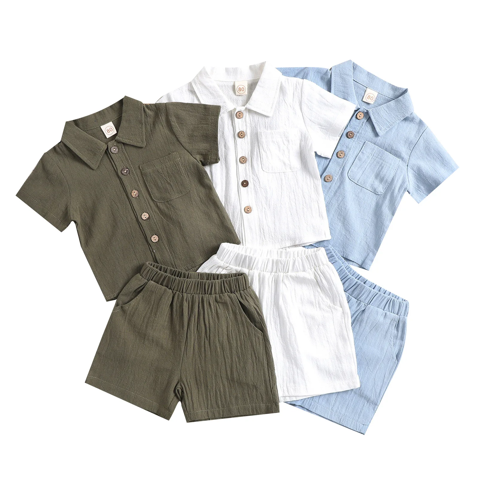 

2PCS Little Boys Outfits Polo Linen Short Sleeve Shirt+Elastic Waist Shorts Clothes Sets Single-breasted Solid Toddler Kid Suits