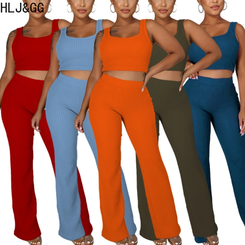 HLJ&GG Casual Solid Ribber Wide Leg Pants Two Piece Sets Women Strap Sleeveless Crop Vest + Pants Tracksuits Female 2pcs Outfits