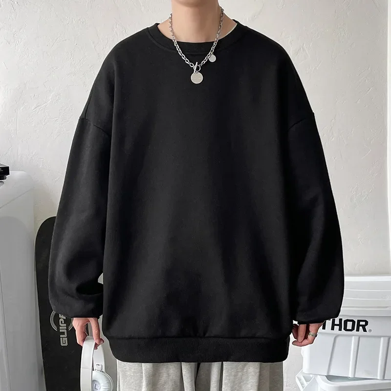 New Hong Kong Style Large Size Solid Round Neck Sweater Pullover Casual Loose Fitting Men's Japanese Long Jacket Men
