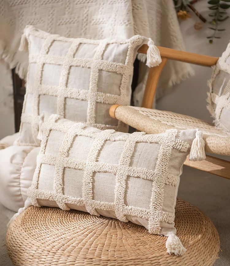 Getuftete Kissen bezug Boho Kissen Überwurf Quasten für die Heim dekoration Wohnzimmer Schlafzimmer Sofa Couch Quadrat rund 45x45cm – Detail 9