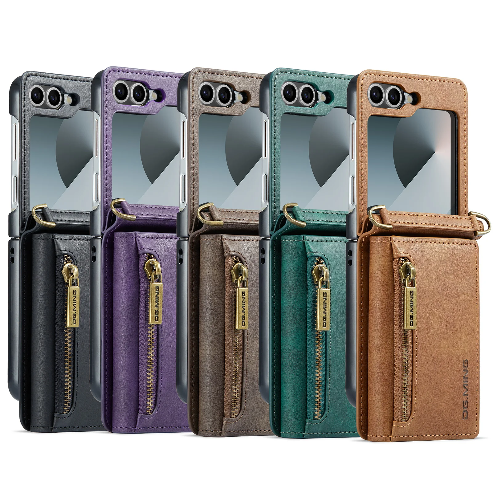 Luxury Leather Flip Phone Case with Magnetic Wallet and Zipper Lanyard