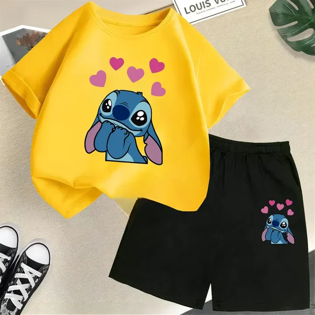 thumbnail image 1 of Conjunto de dos piezas de camiseta y pantalones cortos de Disney Stitch para niños de verano 2024, conjunto de pantalones cortos de manga corta informales a la moda para niños y niñas, ropa para niños, 1 of 5