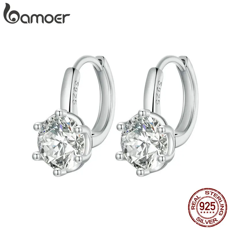 BAMOER Platinum Plated Cubic Zirconia 925 Sterling Silver Hoop Earrings, Solitaire Small Round Huggie Fashion Earrings for Women