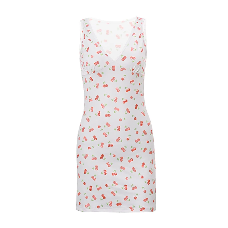 Summer Mini Dress Women Aesthetic Clothes Cherry Print V Neck Sleeveless A Line Short Dress y2k Club Party Dresses