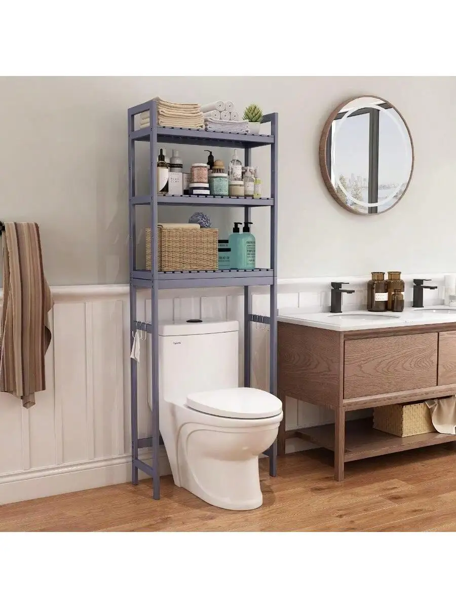 Over The Toilet Storage Cabinet Bamboo Adjustable 3-Tier Above Toilet Shelf Stable Freestanding Above Toilet Organizer w 2