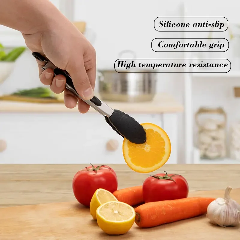 1 Pc Black Silicone Food Tongs Stainless Steel Food Tongs Outdoor BBQ Clamps For Camping Kitchen Tongs For Baking Steak food tongs