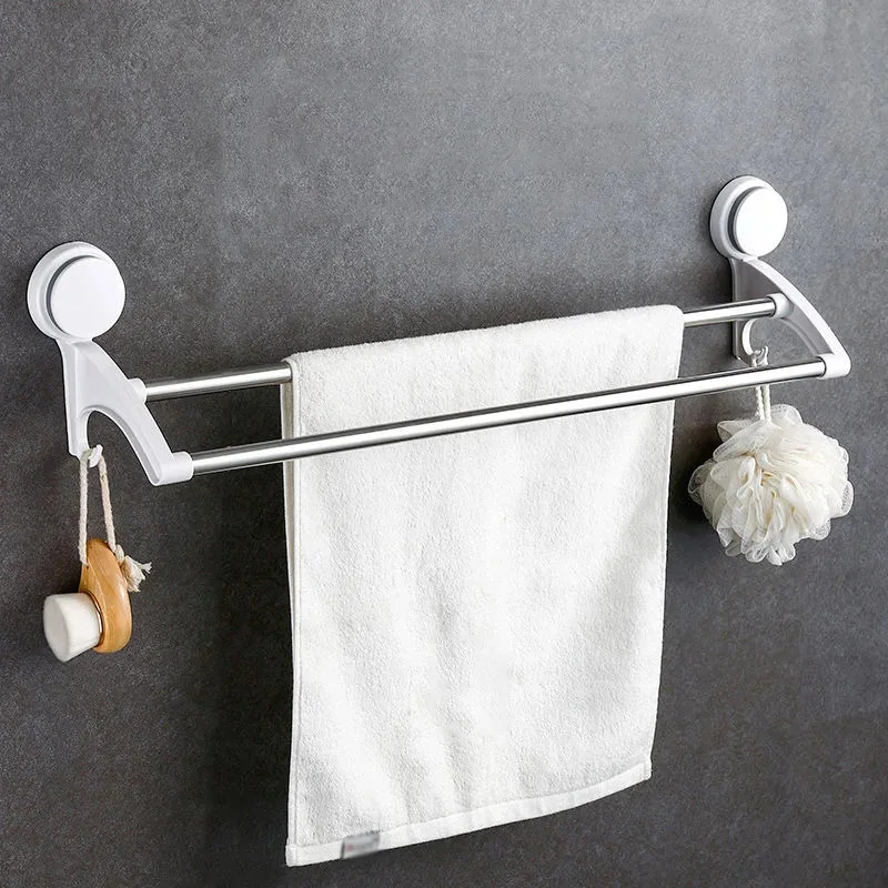 Dual-layer Rail Shelf Suction Towel Rack Stainless Steel Wall Mount Bathroom Towel Holder Rack Bathroom Kitchen Accessories