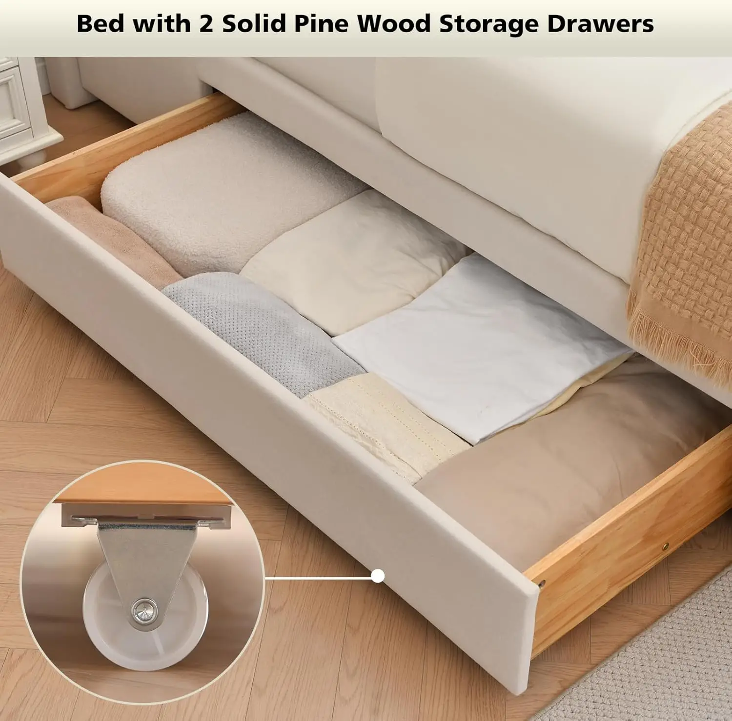 Queen Size Upholstered Platform Bed with Tall Headboard and Footboard, 2 Side Storage Drawers, Modern Beige Fabric Bed Frame