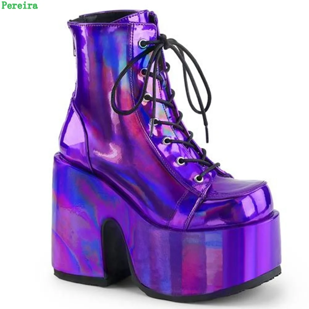 Shiny Purple Ankle Boots Women's 2024 New Arrival Platform Round Toe Chunky Heel Cross Straps Sexy Fashion Show Party Shoes