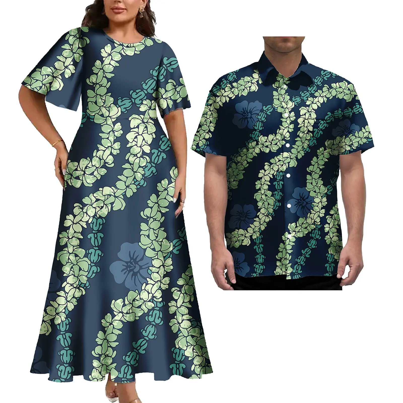MORNWORLD Polynesian Matching Couple Outfit - Women's Dress & Men's Shirt, Island Style For Parties & Travel