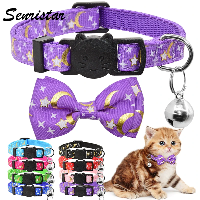 Cute Star Moon Bow Tie Cat Collar Bell Safety Breakaway Cat Collar Necklace Adjustable Bowknot Cat Collar For Kitten Accessories classic plaid cat collar cotton soft kitten necklace adjustable breakaway puppy rabbits bow tie pets accessories supplies