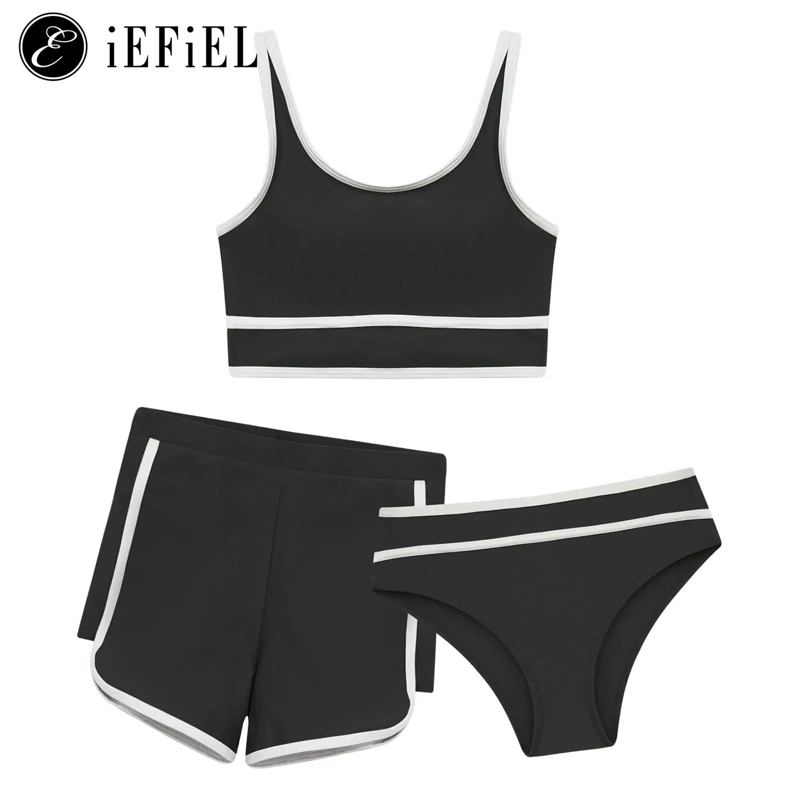 

Big Girls 3 Pcs Solid Color Tanini Sets Wide Straps Bikini Tpp with Brief Swim Shorts Sporty Swimsuit Bathing Suit Beachwear