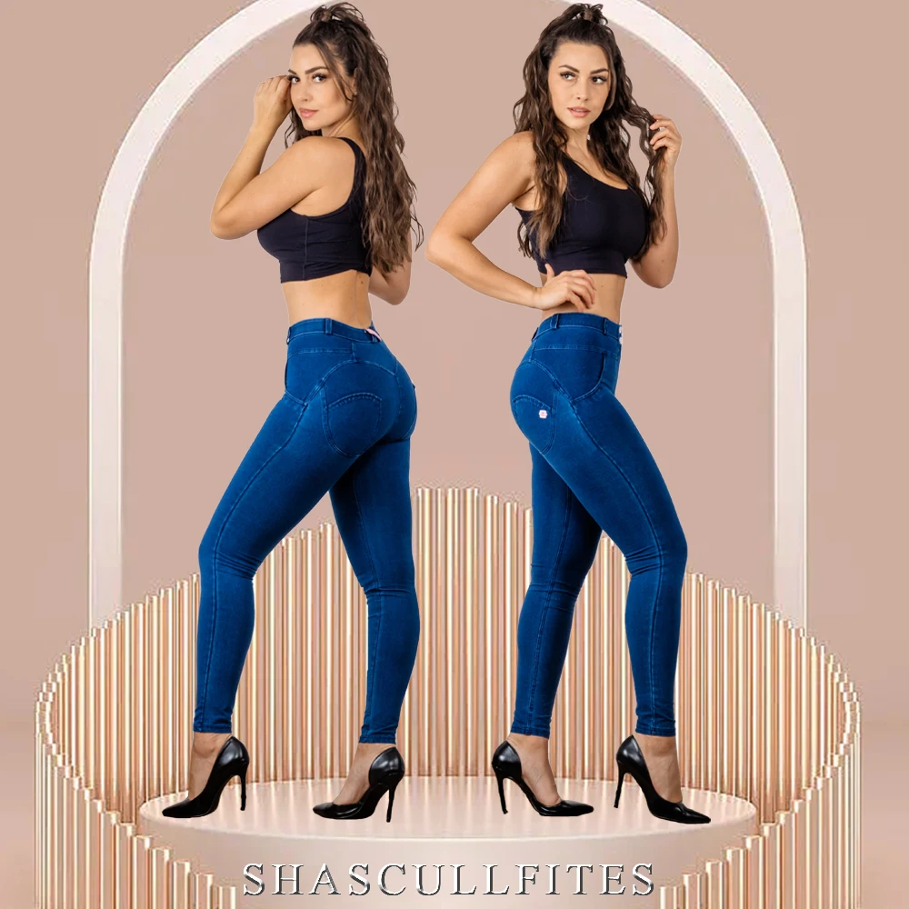 Shascullfites Butt Lift Jeans Middle Rise Women's Elastic Fashion Blue Slim fit Streetwear Full Length Jean