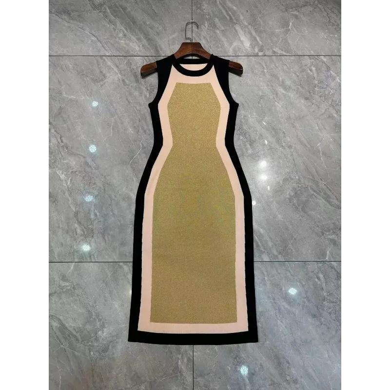 

2024 Summer New Women's Tight and Sexy Contrast Color Dress Fashion Metal Thread Knitted Sleeveless Party Women's Wear
