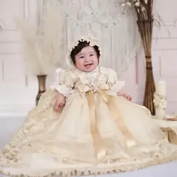 Champagne Christening Gowns for Baby Lace Appliqued Beads First Communion Dresses Infant Toddler Girls Photoshoot Baptism Gowns