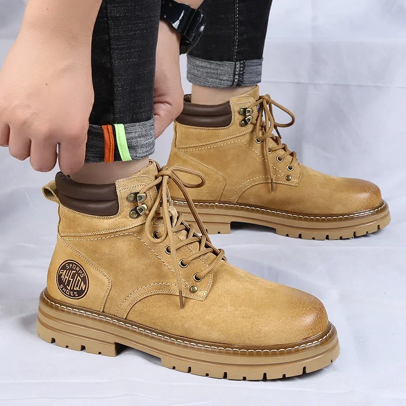 

Classic Retro Men High Top Boots Men Genuine Leather Cowboy Boots Winter Fashion Plush Warm Outdoor Lace Up Non-Slip Ankle Boots