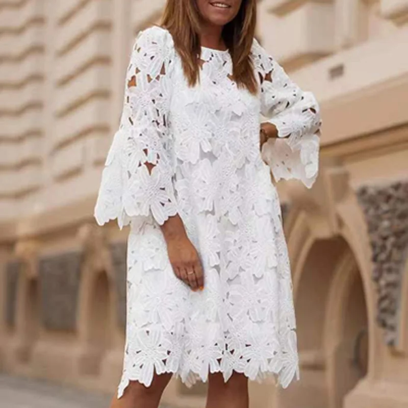 Vestido De Verano Blanco Bohemio Para Mujer - De Ganchillo, Algodón Suelto, Ideal Para Playa Y Fiestas