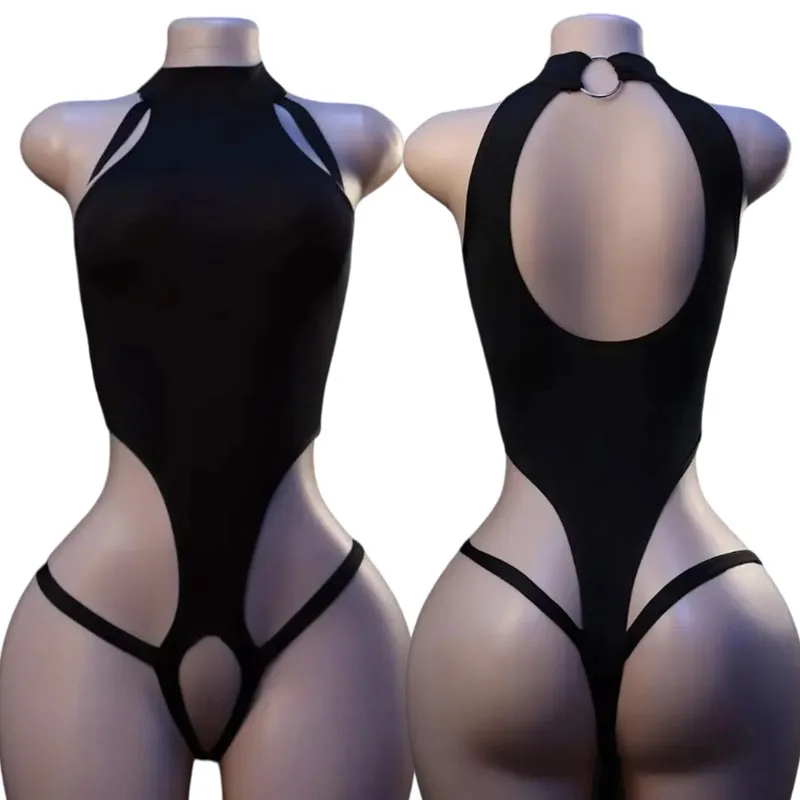 Ensemble de lingerie érotique : soutien-gorge ouvert, sous-vêtements sans entrejambe, costume sexy, body ajouré à décolleté plongeant, robe babydoll à col halter, ensemble de cosplay 1