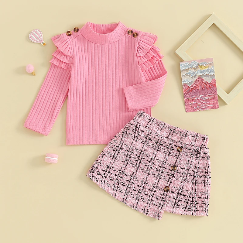 

Baby Girls 2Pcs Clothing Fall Spring Fragrant Wind Ruffle Long Sleeve Ribbed Tops + Skirt Set Toddler Suit