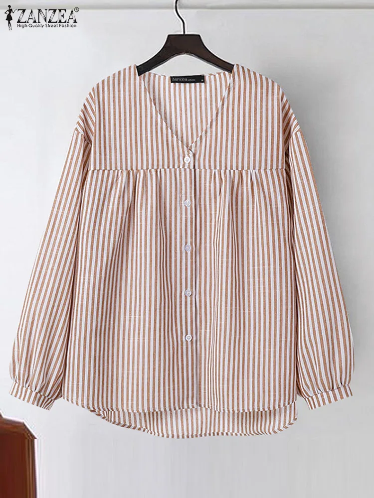

ZANZEA Woman Casual Stripes Printed Blouse Fashion Holiday Tunic Tops Long Sleeve V-Neck Shirt Autumn Vintage OL Blusas Mujer