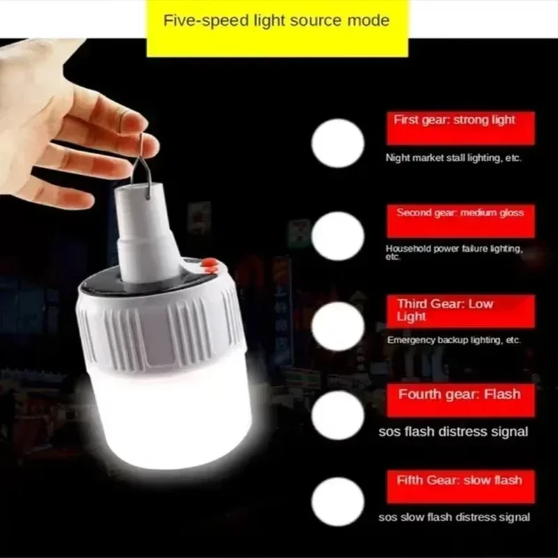 Solar Powered LED Camping Light Bulb with USB Rechargeable 200W High-power 5-speed Light Outdoor Hook Tent Energy-saving camping light portable lanterns camping lamp camping lantern
