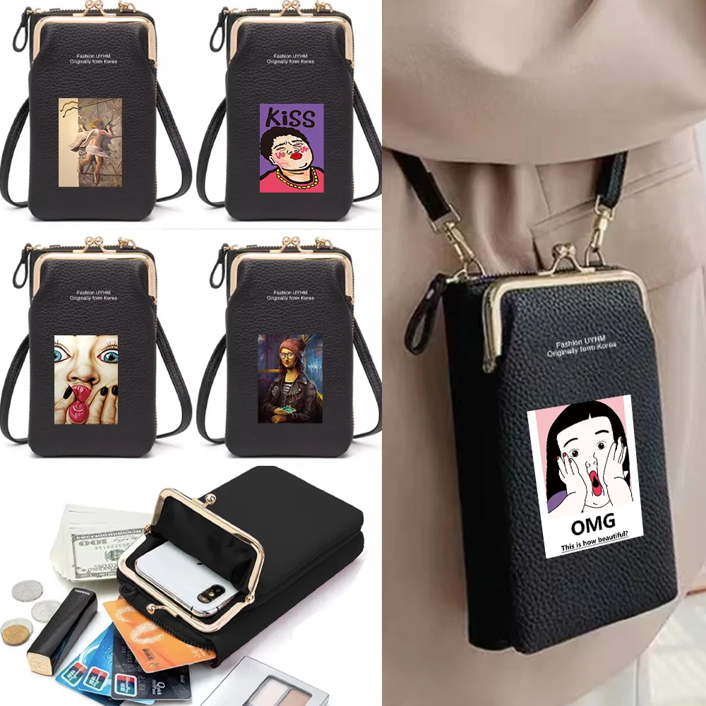 Mobile Phone Shoulder Bags Women Messenger Bag Small Leather Crossbody Wallet Ladies Card Holder Coin Purse Funny Series Print
