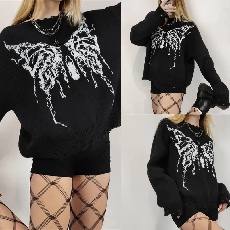 

Q0KE Fashionable Teenage Girl Oversized Pullover Tops Butterfly Pattern Long Sleeve