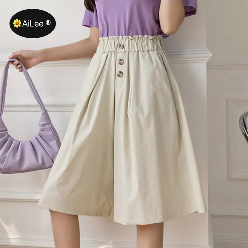 Summer Fashion Wide Leg Shorts Women Casual Elastic Buttons High Waist Loose Knee Length Cotton Shorts Half Long Design Lady