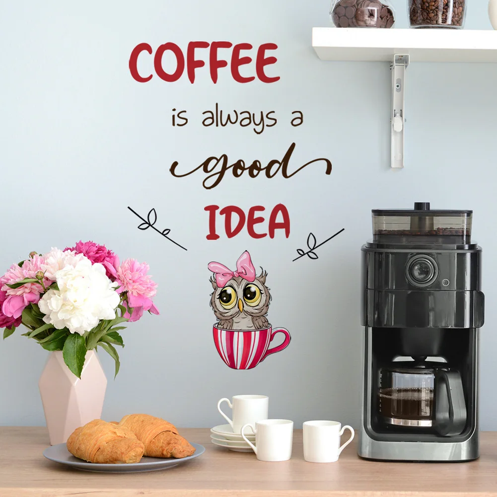 Cute Coffee Owl Bow Wall Sticker For Kitchen Restaurant Background Home Decoration Mural Cafe Room Decor Self-adhesive Wallpaper