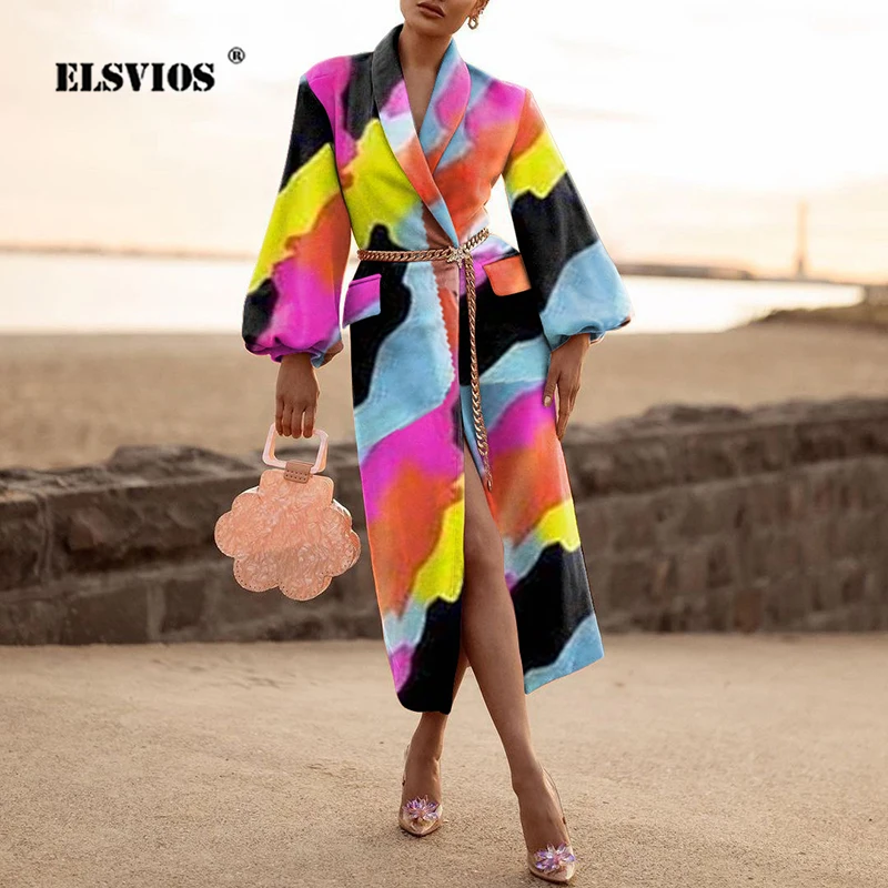 

2022 Autumn Winter Bell Sleeves Lapel Geometric Print One Button Fashion Woolen Coat Elegant Women's Mid-Length Women's Clothing