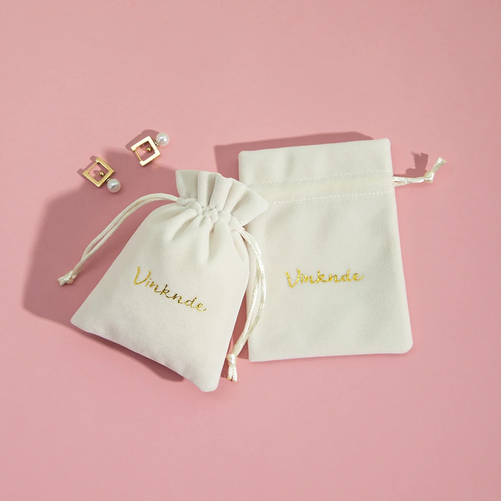 Weiße Samt-Schmuckverpackung mit Kordelzug, individuelles, schickes, kleines Staub-Schmuckpaket für Weihnachten, Hochzeit, Party, Geschenktüten – Detail 18