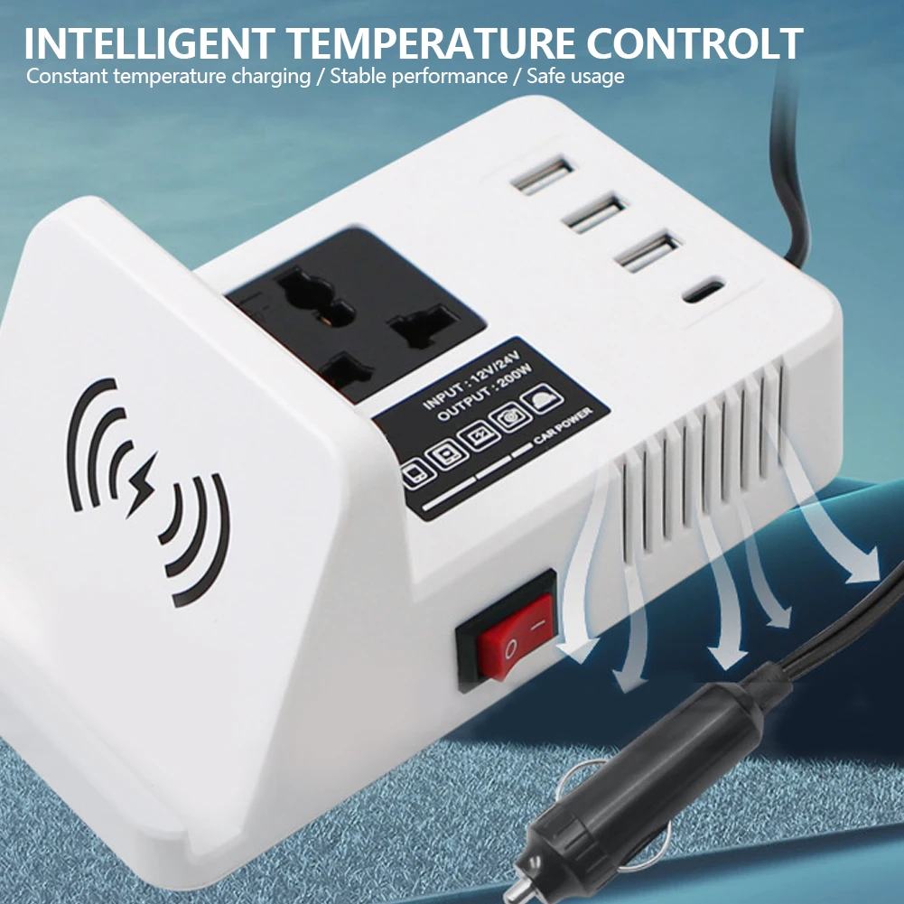 12V/24V에서 220V로 변환하는 차량용 파워 인버터 다중 USB 타입 C 포트 무선 충전 200W 출력 자동차 차량 충전 어댑터